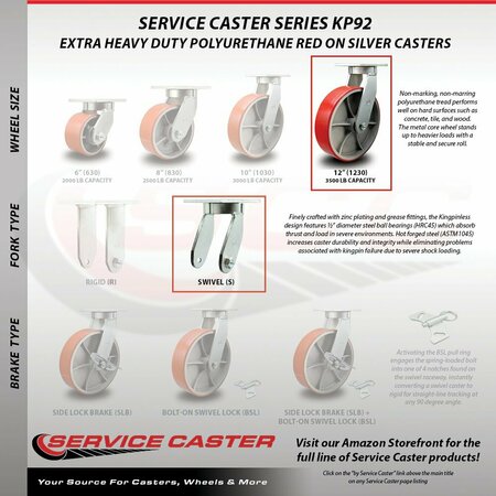 Service Caster 12'' Heavy Duty Red Poly on Cast Iron Wheel Caster Set 2 Swivel 2 Rigid, 4PK CRAN-SCC-KP92S1230-PUR-RS-2-R-2